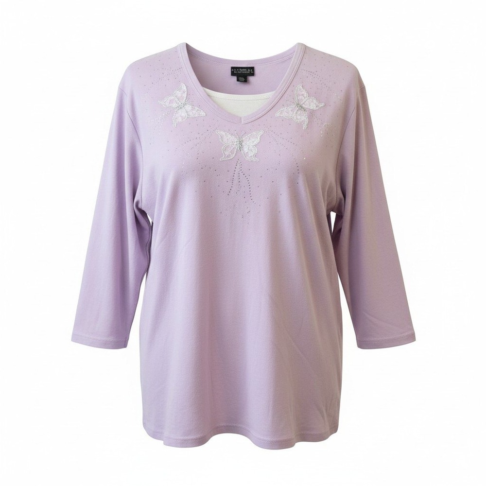 Trilogy Womens Butterfly Lace Rhinestone Top Cotton Blend Casual Purple XL